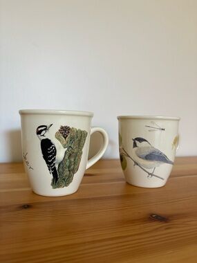 CJ Wildlife Bird Series Downy Woodpecker & Chickadee Ceramic Mug Set of 2